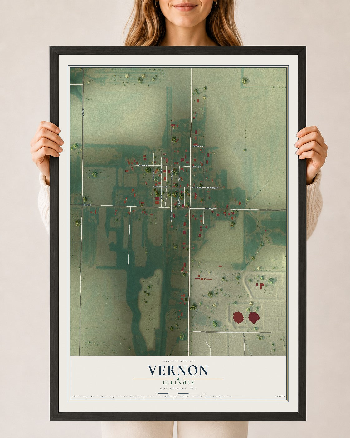 Map of Vernon, Illinois, 24 x 36 inch print in a black wood frame
