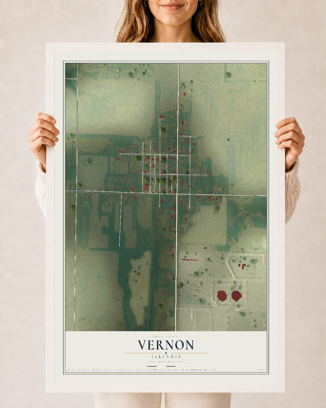 Map of Vernon, Illinois, 24 x 36 inch print in a white wood frame