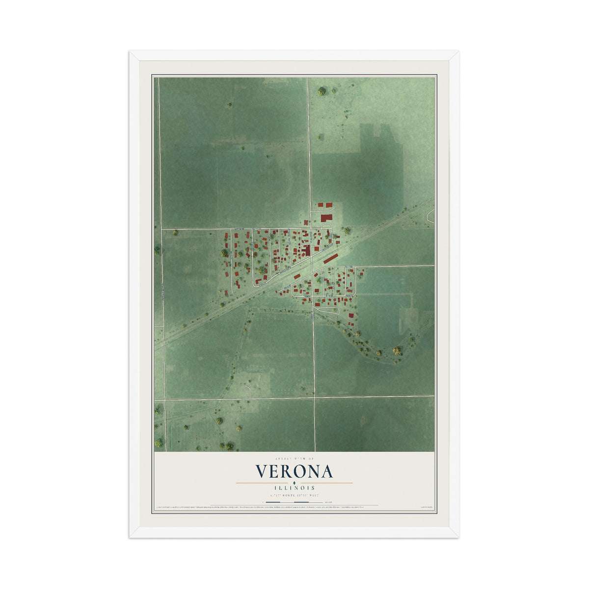 Map of Verona, Illinois, 12 x 18 inch print in a white wood frame