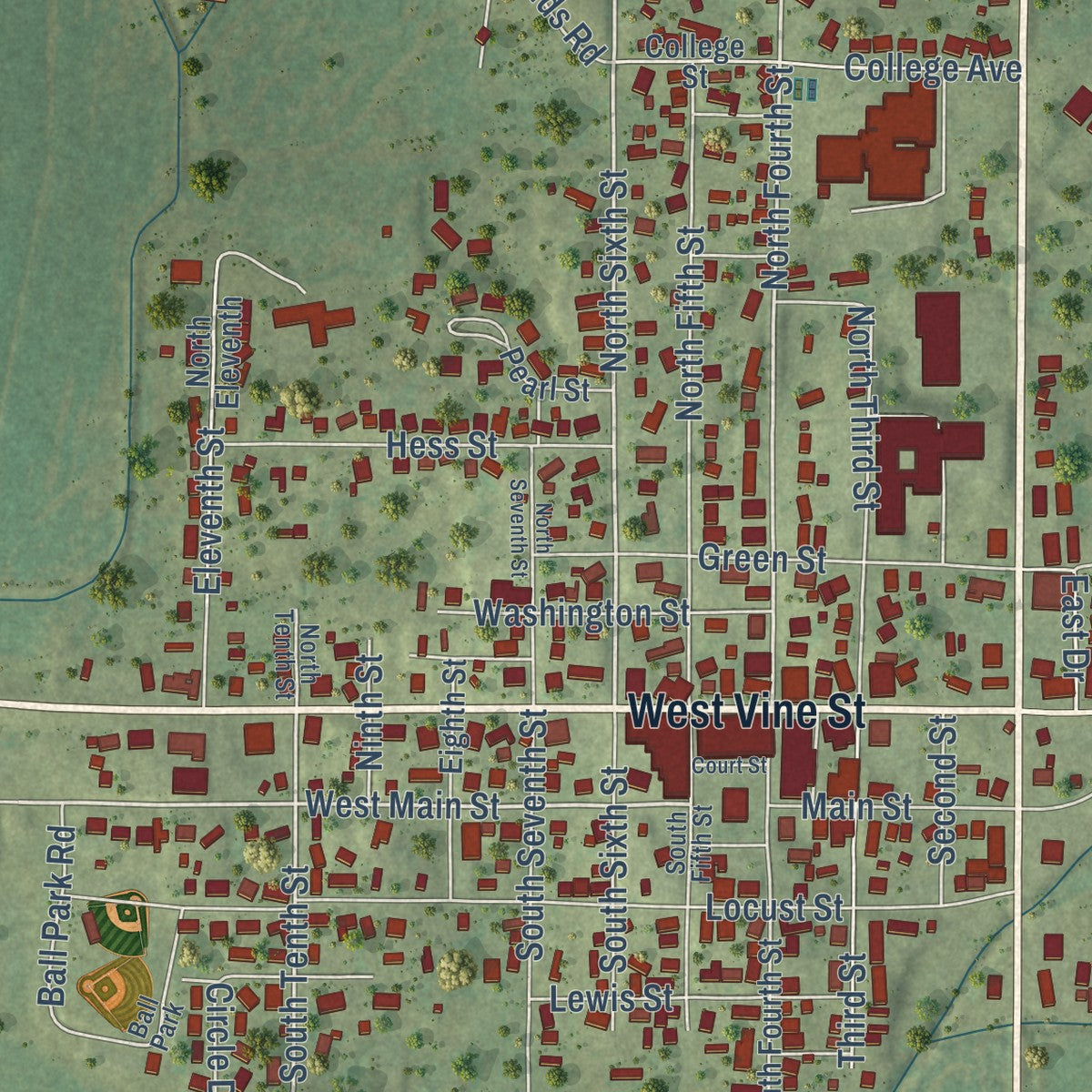 Close-up of the map of Vienna, Illinois print showing street and building detail