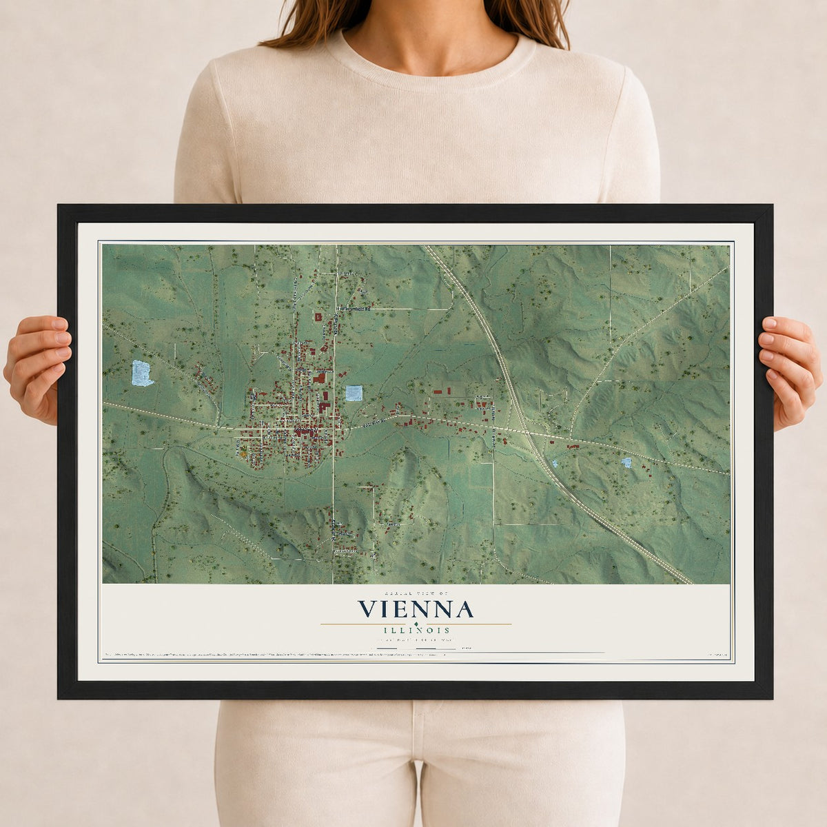 Map of Vienna, Illinois, 12 x 18 inch print in a black wood frame