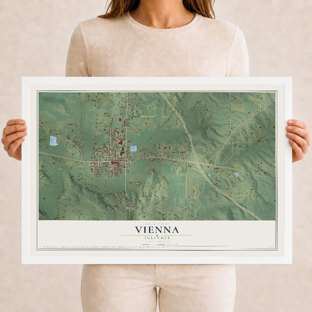 Map of Vienna, Illinois, 12 x 18 inch print in a white wood frame