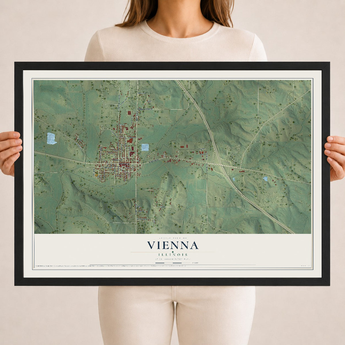 Map of Vienna, Illinois, 18 x 24 inch print in a black wood frame