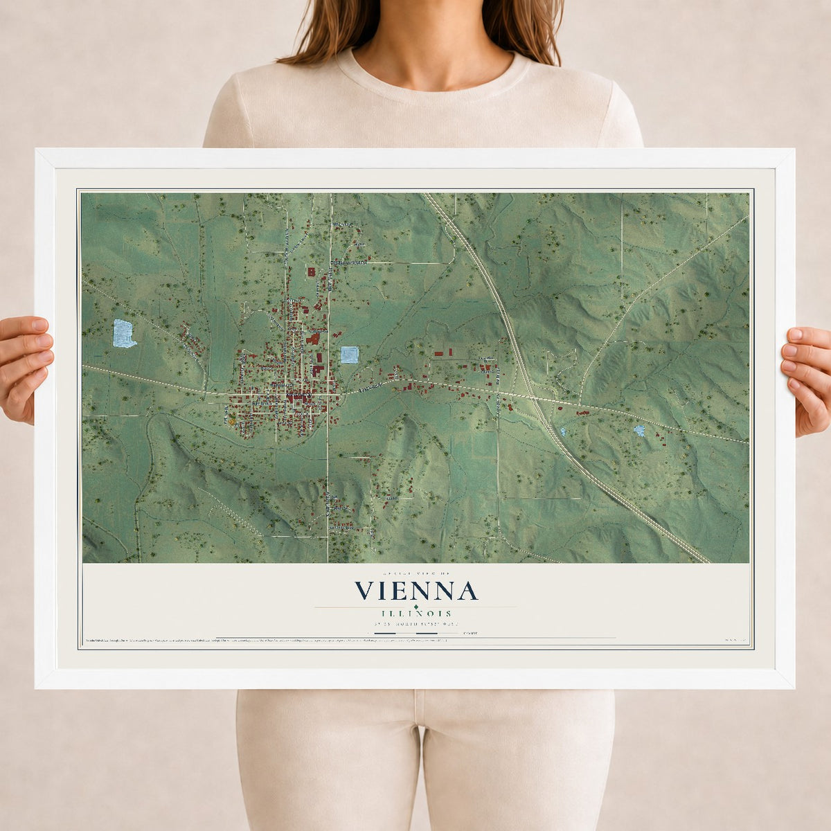 Map of Vienna, Illinois, 18 x 24 inch print in a white wood frame