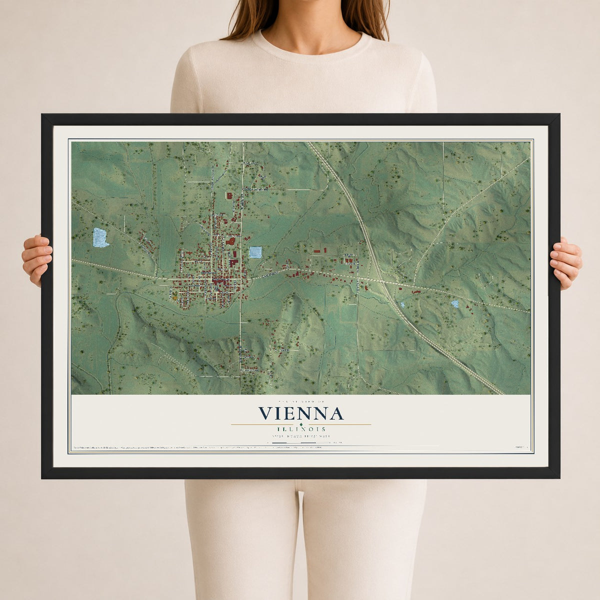 Map of Vienna, Illinois, 24 x 36 inch print in a black wood frame