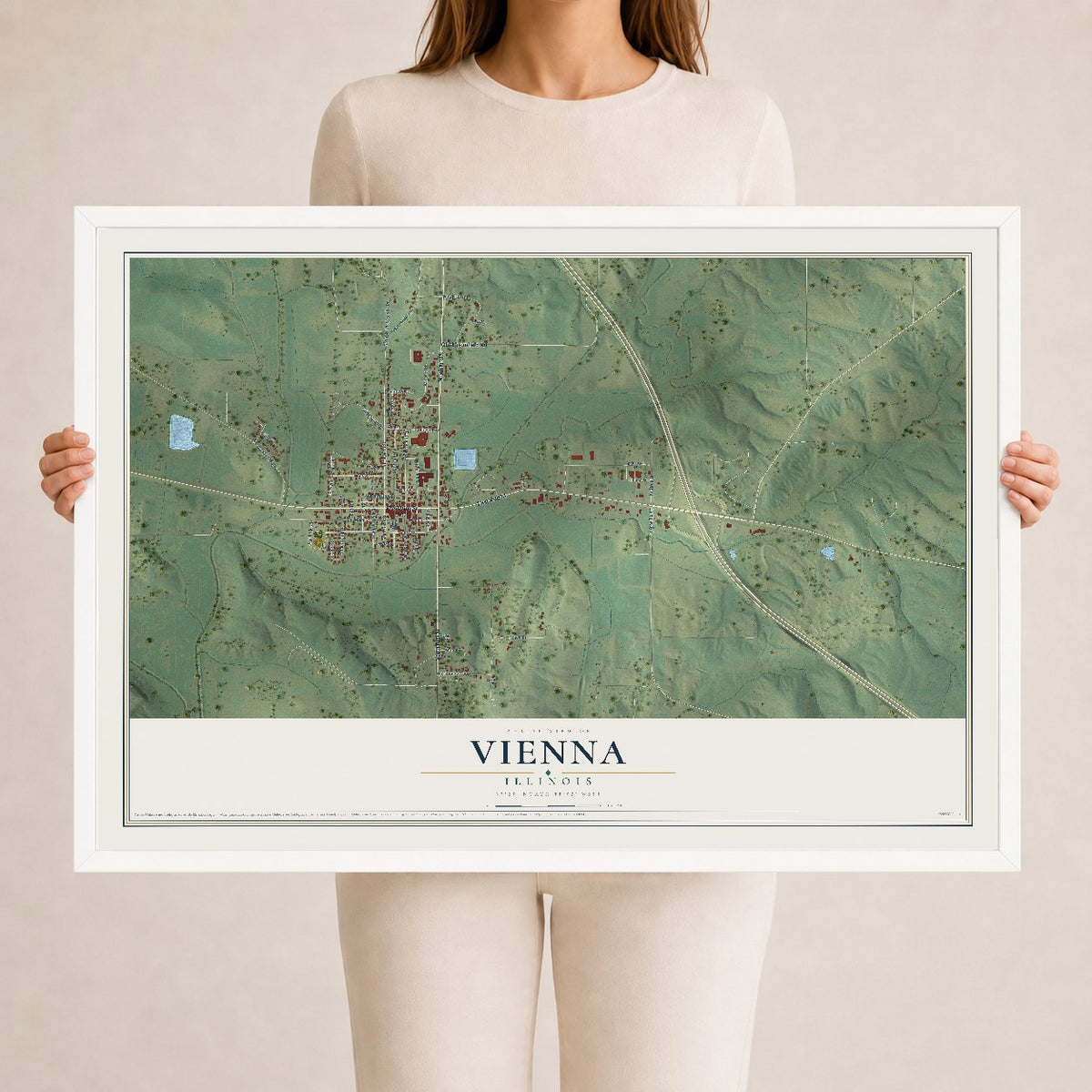 Map of Vienna, Illinois, 24 x 36 inch print in a white wood frame