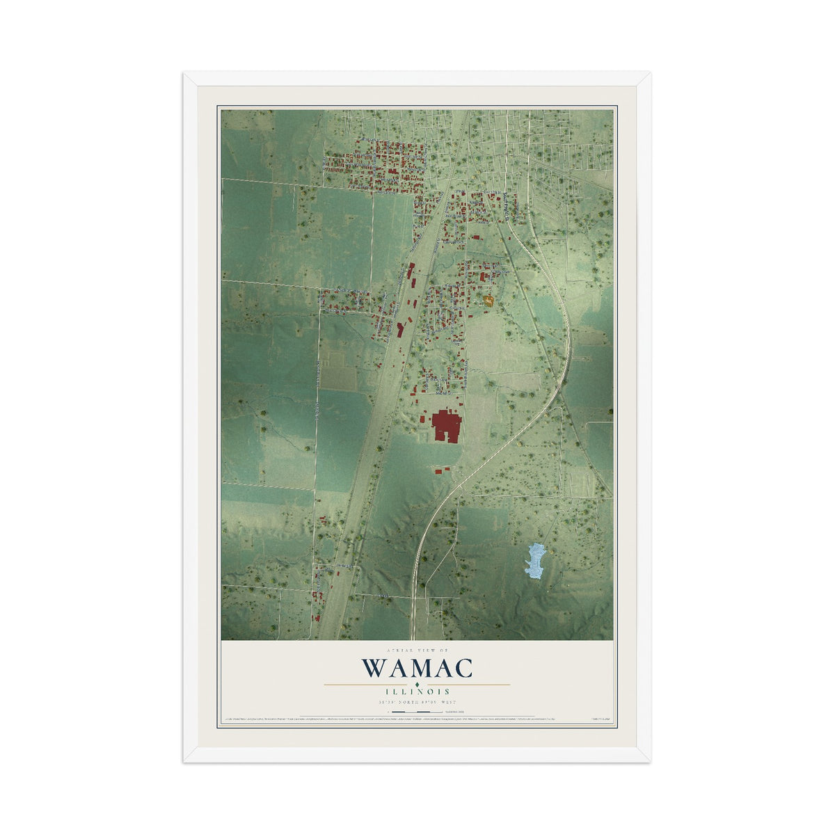 Map of Wamac, Illinois, 12 x 18 inch print in a white wood frame