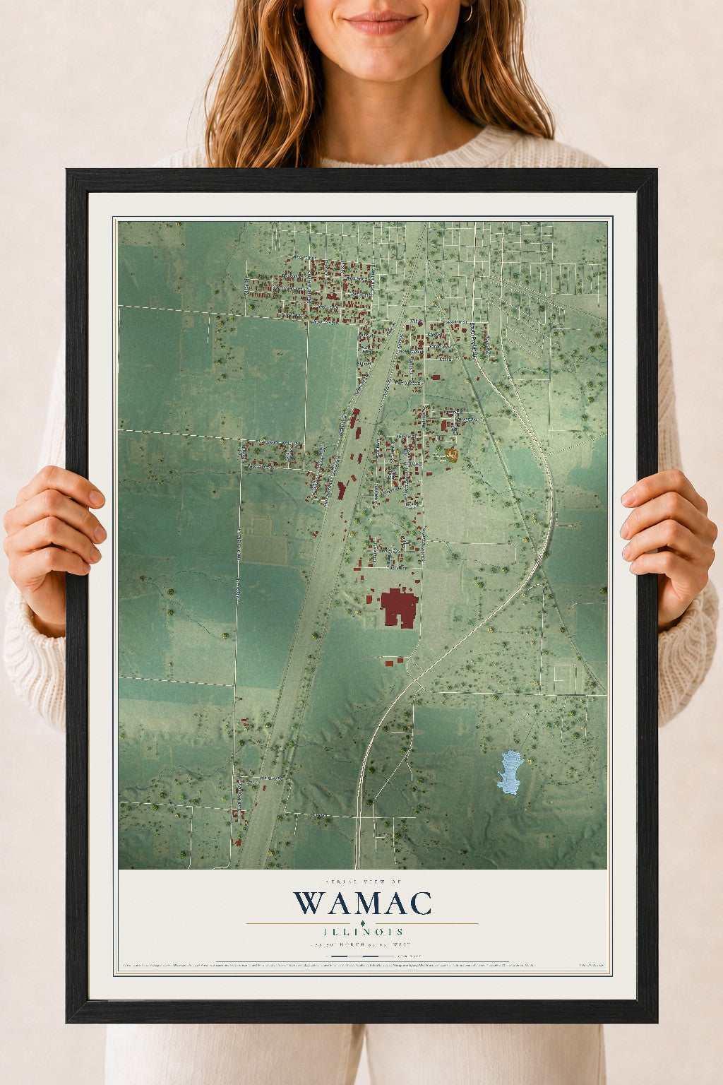 Map of Wamac, Illinois, 18 x 24 inch print in a black wood frame