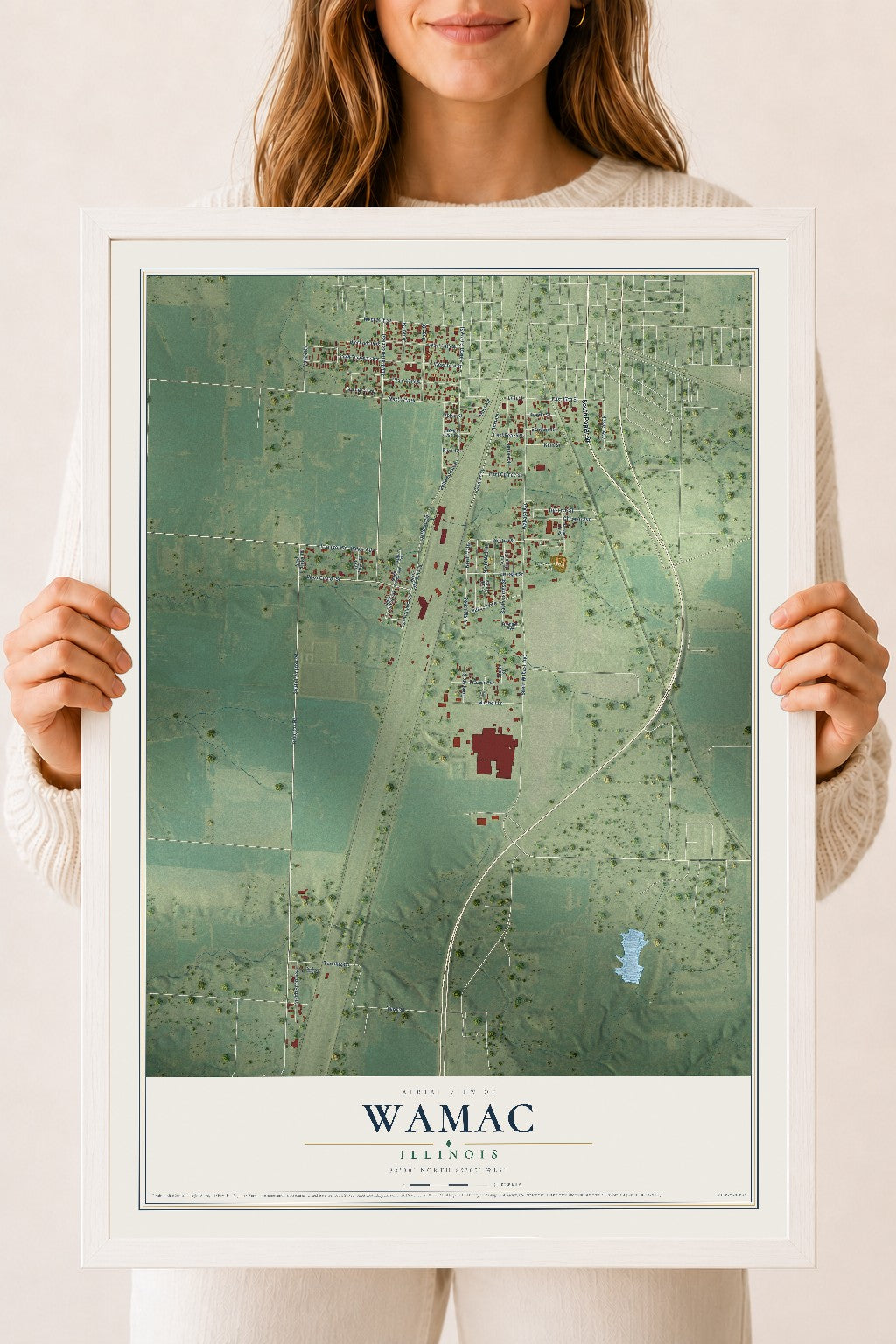 Map of Wamac, Illinois, 18 x 24 inch print in a white wood frame