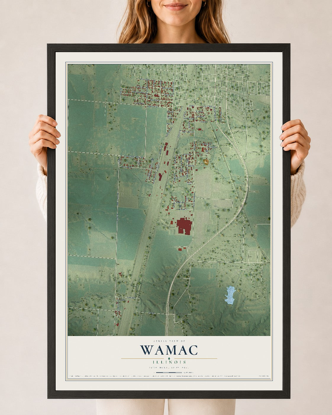 Map of Wamac, Illinois, 24 x 36 inch print in a black wood frame
