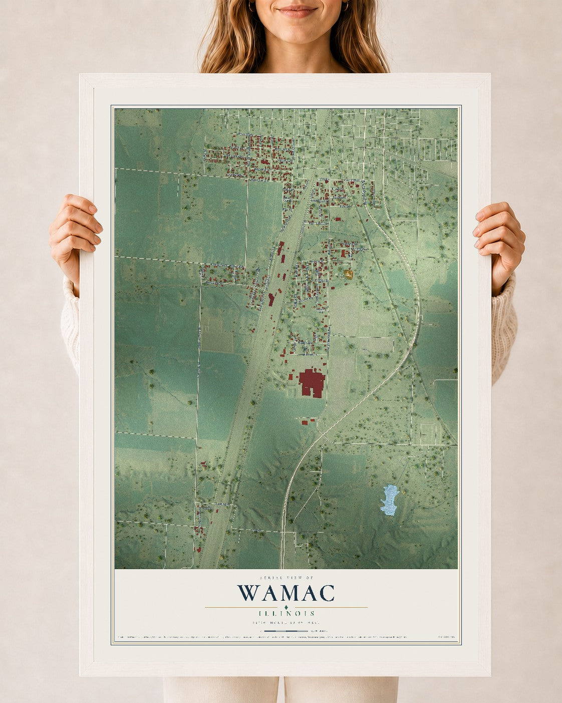 Map of Wamac, Illinois, 24 x 36 inch print in a white wood frame