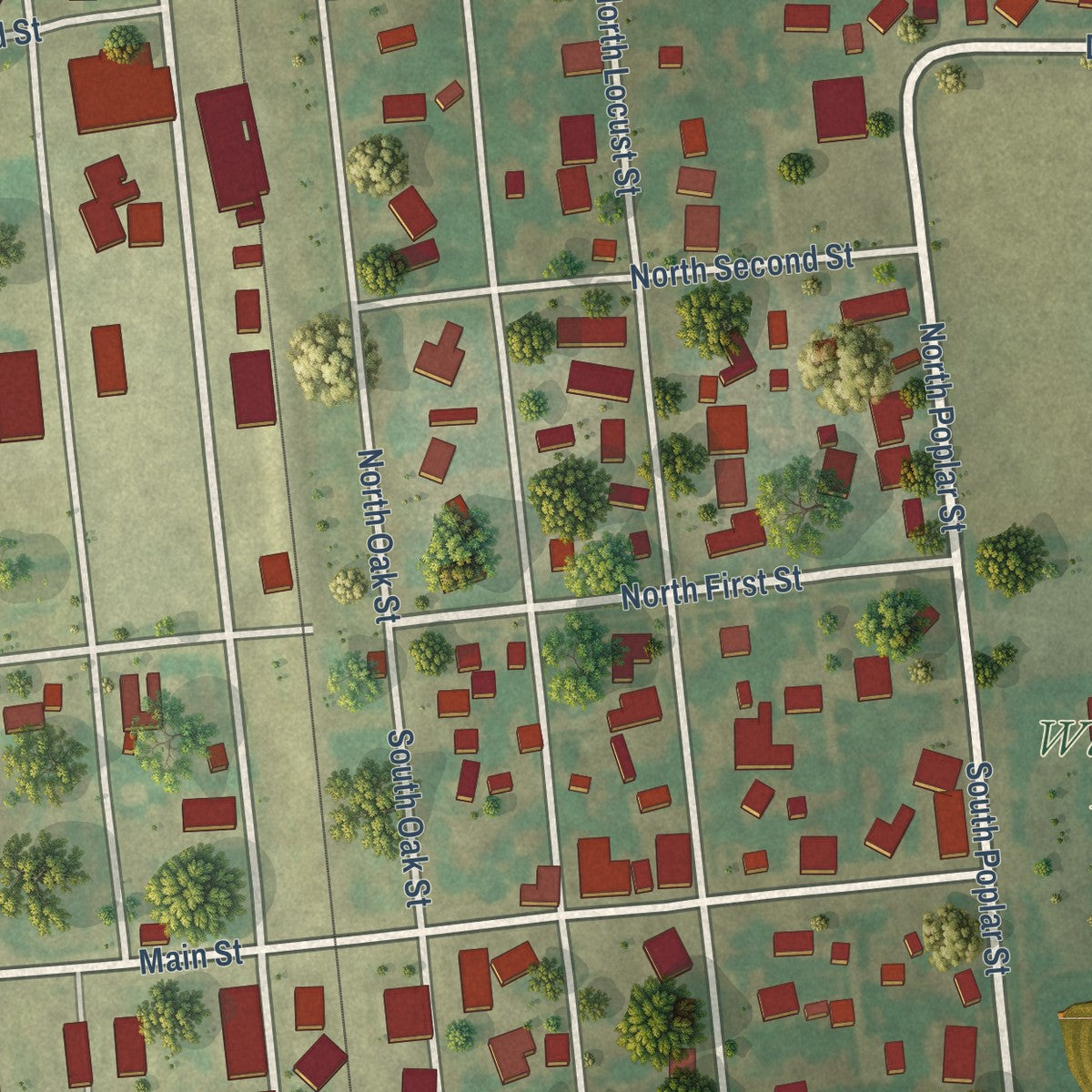 Close-up of the map of Wapella, Illinois print showing street and building detail