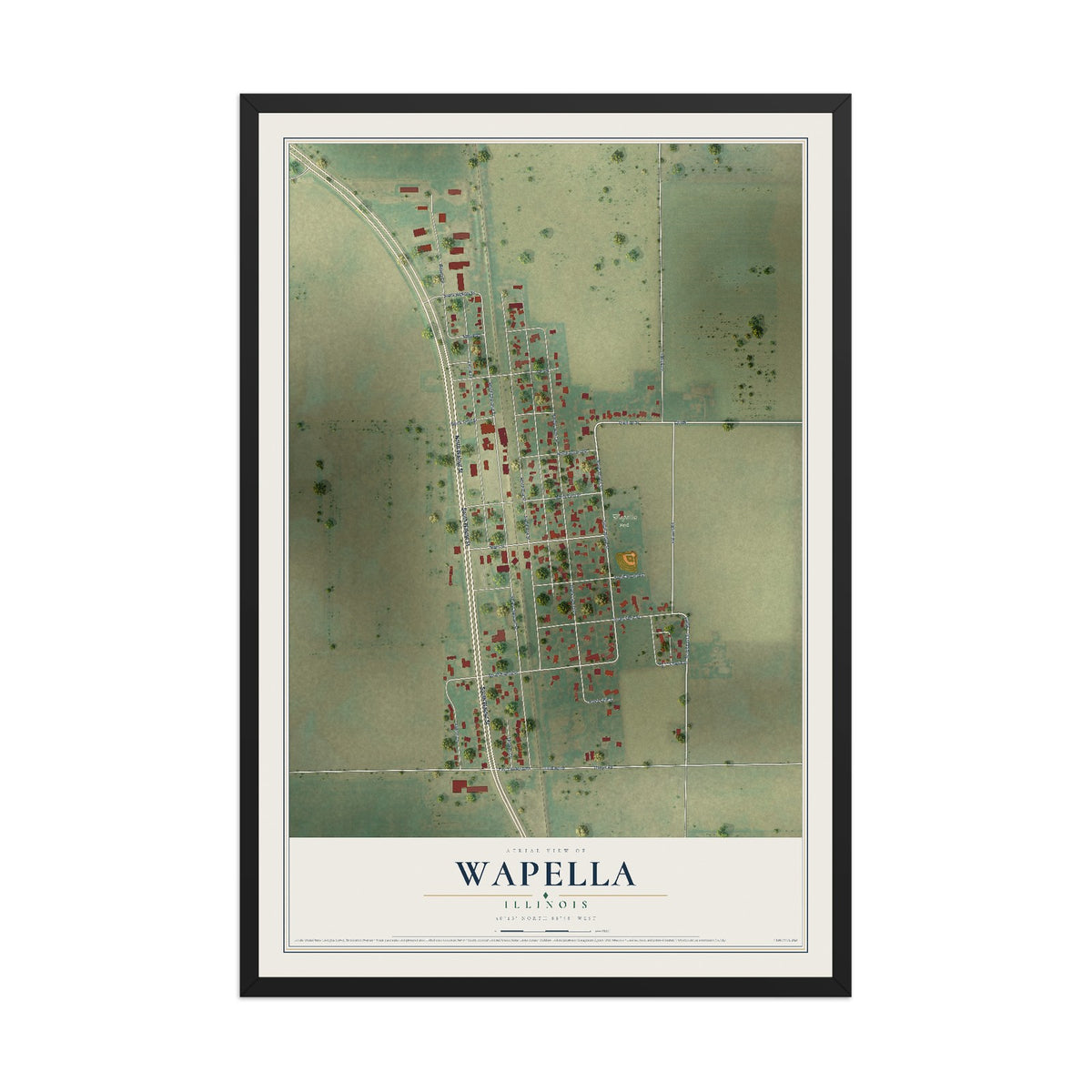 Map of Wapella, Illinois, 12 x 18 inch print in a black wood frame