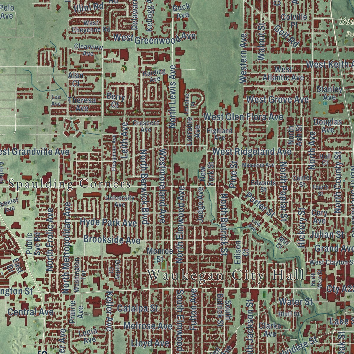 Close-up of the map of Waukegan, Illinois print showing street and building detail