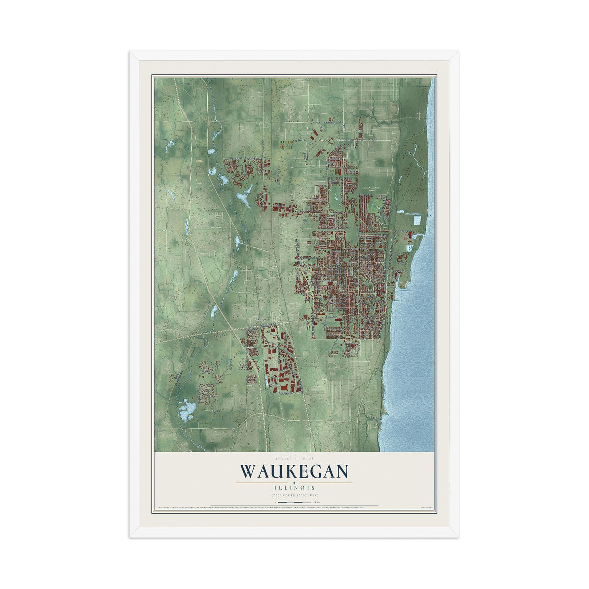 Map of Waukegan, Illinois, 12 x 18 inch print in a white wood frame