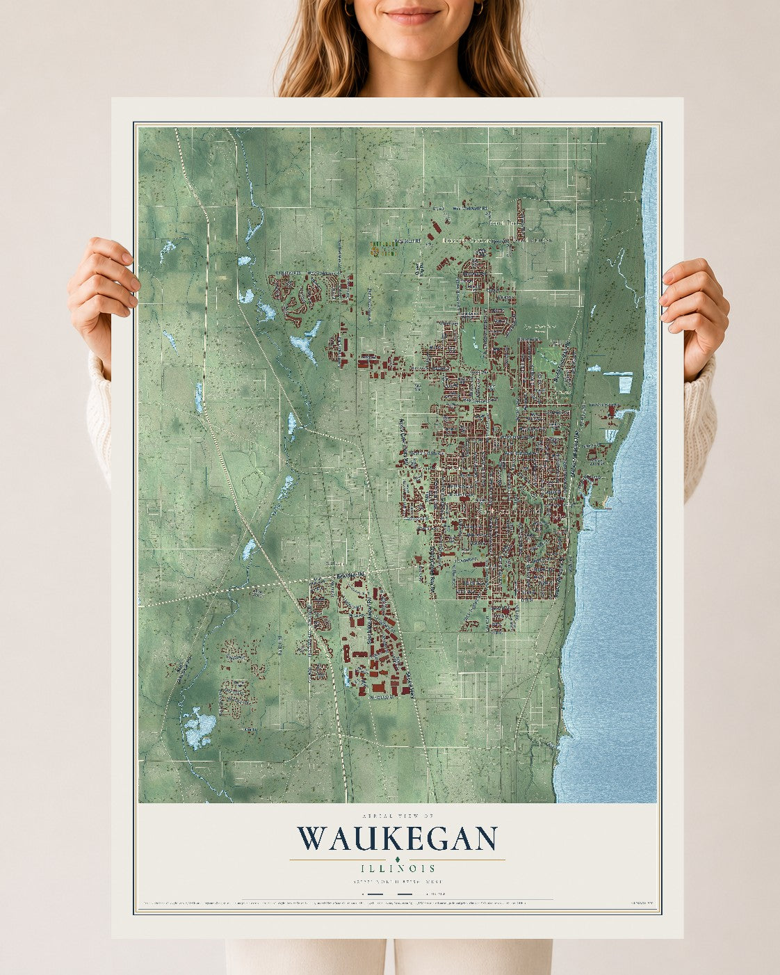 Map of Waukegan, Illinois, 24 x 36 inch unframed archival matte print