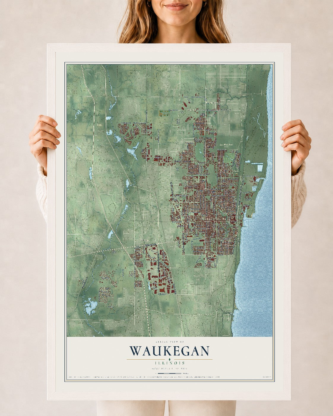 Map of Waukegan, Illinois, 24 x 36 inch print in a white wood frame