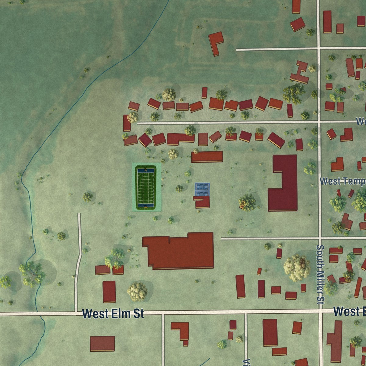 Second close-up of the map of Waverly, Illinois print showing more streets and buildings