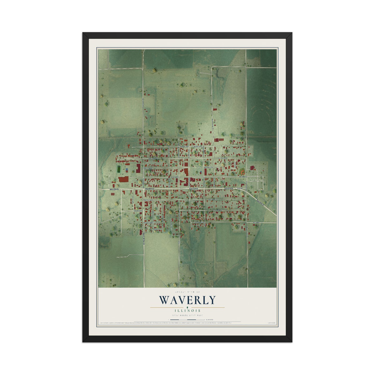 Map of Waverly, Illinois, 12 x 18 inch print in a black wood frame