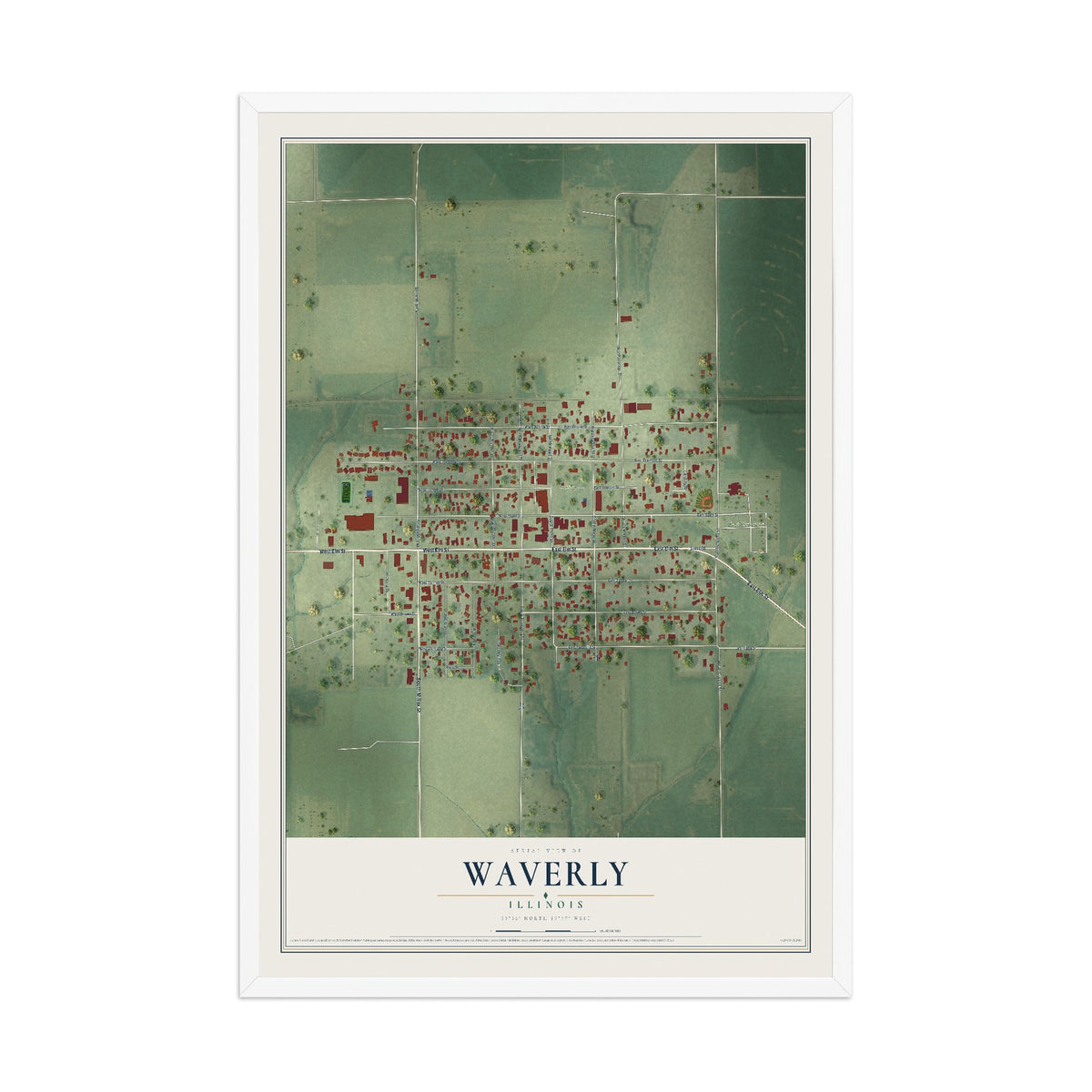 Map of Waverly, Illinois, 12 x 18 inch print in a white wood frame