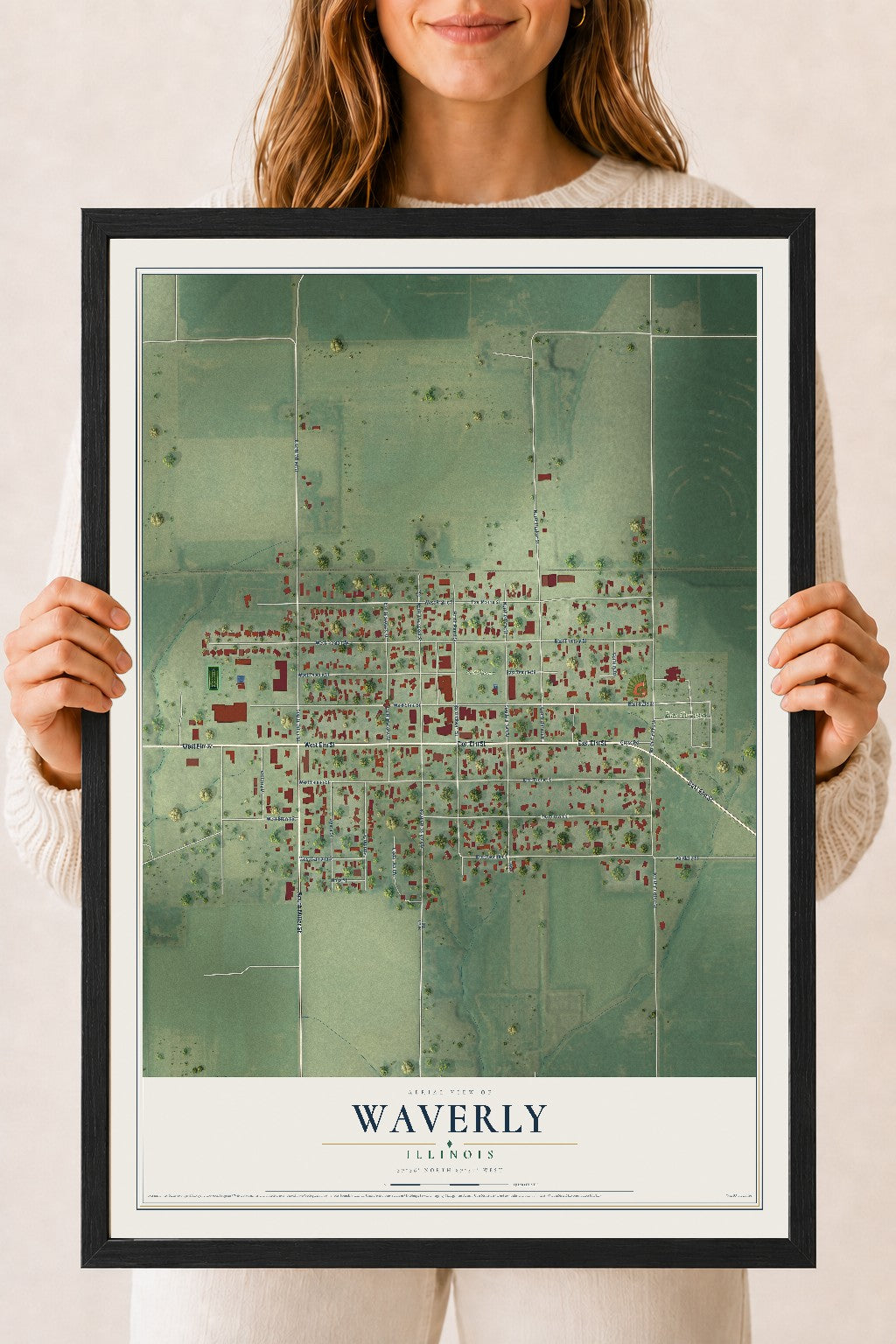 Map of Waverly, Illinois, 18 x 24 inch print in a black wood frame