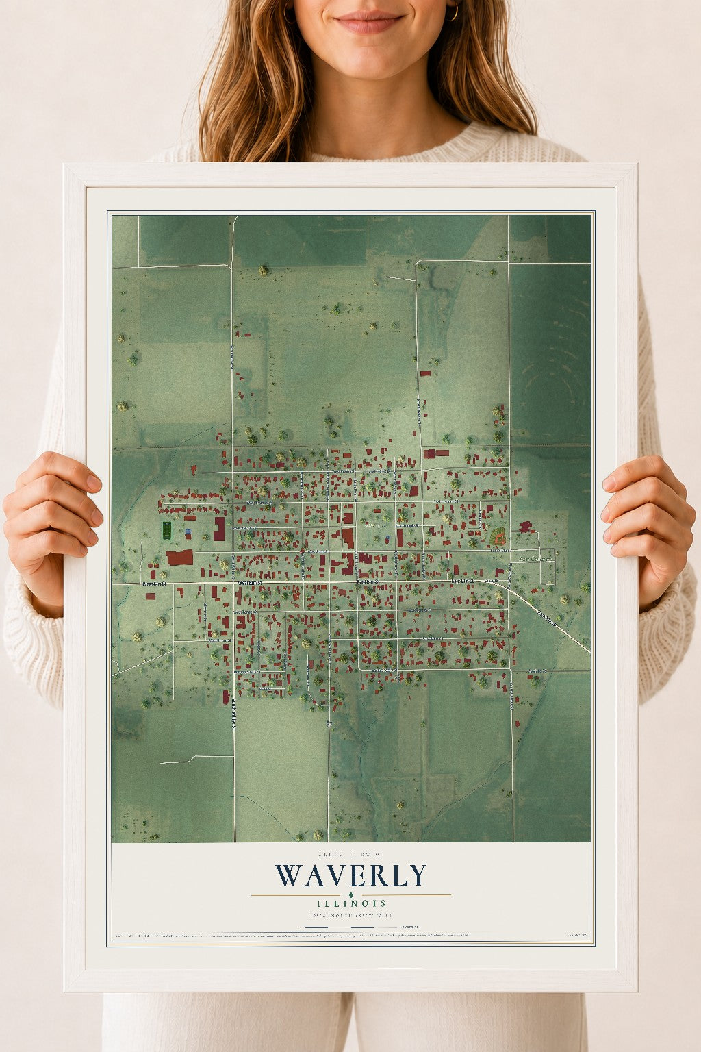 Map of Waverly, Illinois, 18 x 24 inch print in a white wood frame