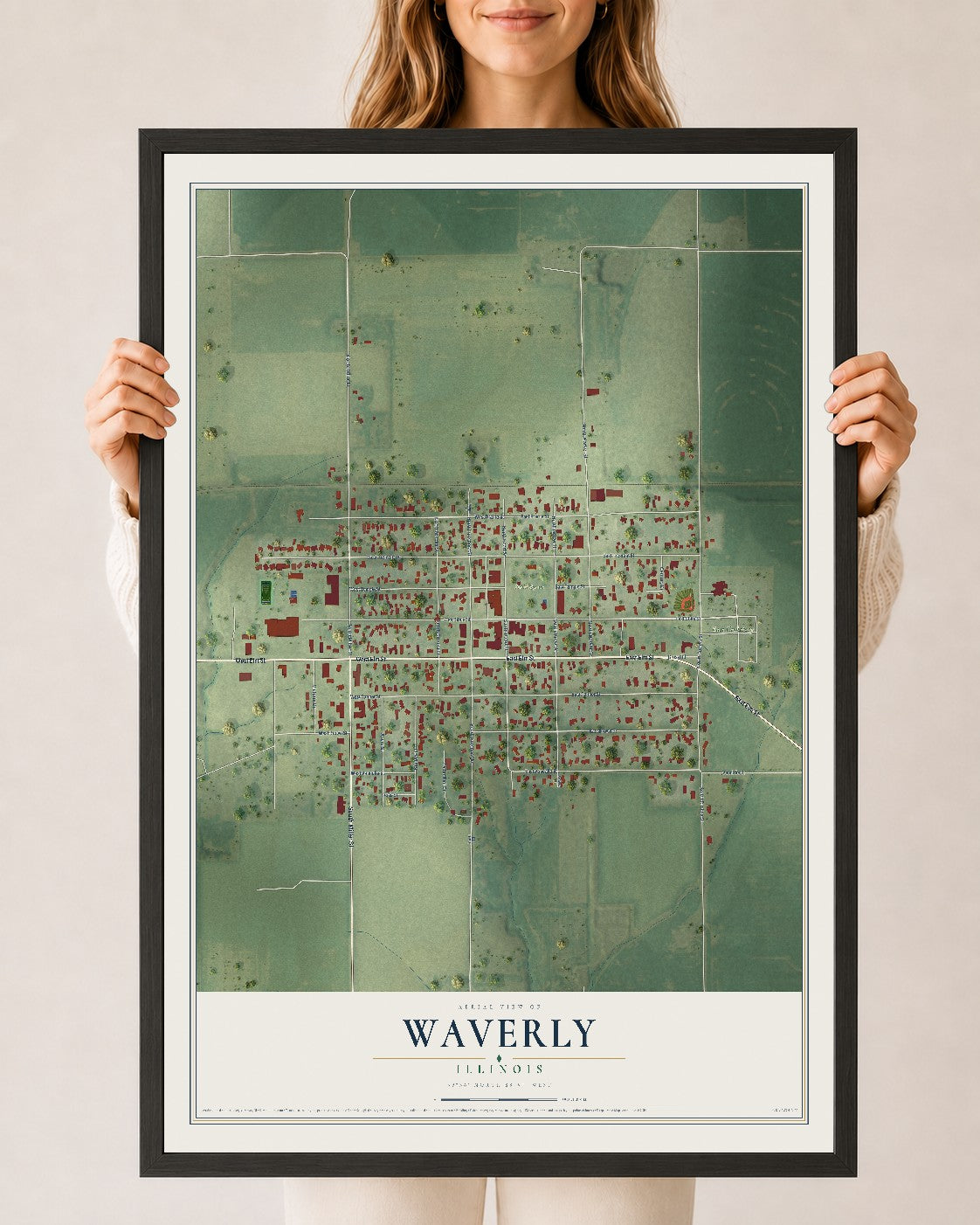 Map of Waverly, Illinois, 24 x 36 inch print in a black wood frame