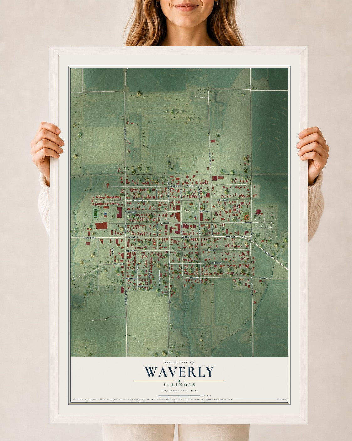 Map of Waverly, Illinois, 24 x 36 inch print in a white wood frame