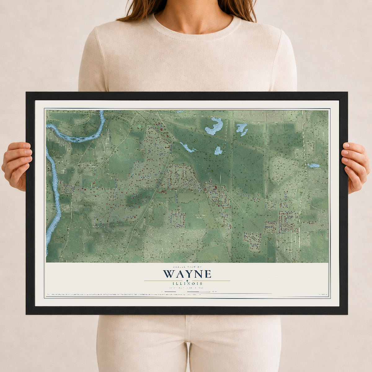 Map of Wayne, Illinois, 12 x 18 inch print in a black wood frame