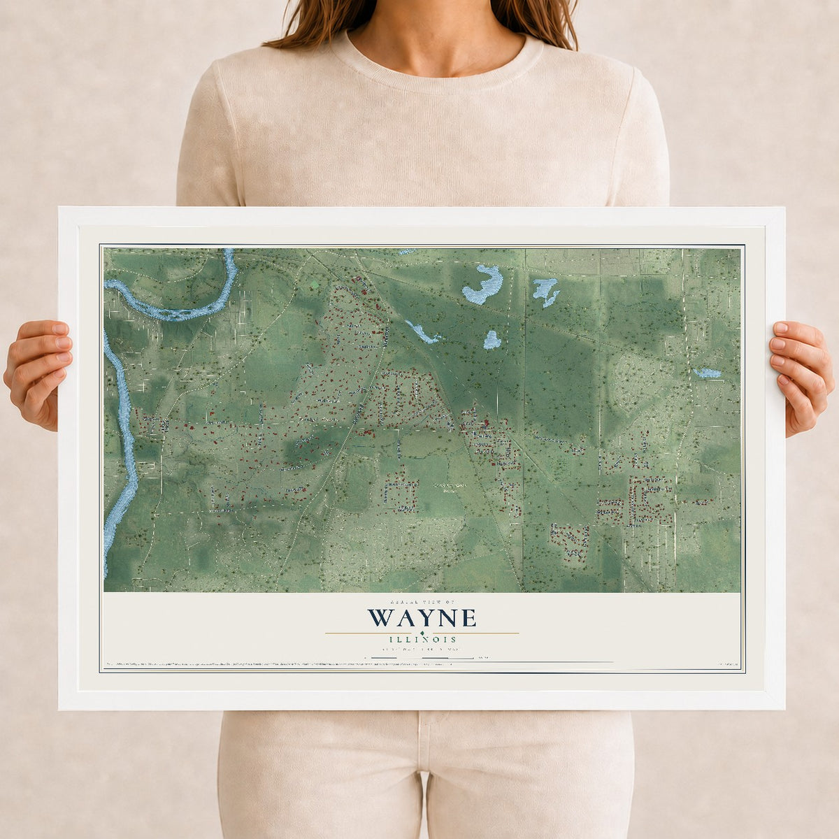 Map of Wayne, Illinois, 12 x 18 inch print in a white wood frame