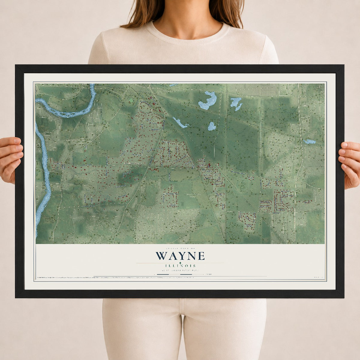 Map of Wayne, Illinois, 18 x 24 inch print in a black wood frame
