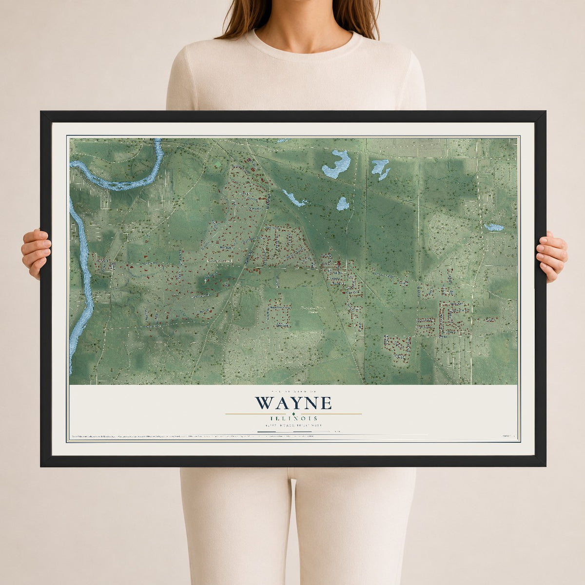 Map of Wayne, Illinois, 24 x 36 inch print in a black wood frame