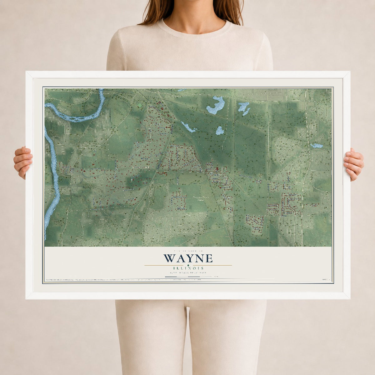 Map of Wayne, Illinois, 24 x 36 inch print in a white wood frame