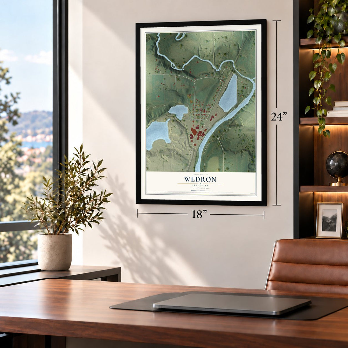 Wedron, Illinois map, 18 x 24 inch print in a black frame in a home office
