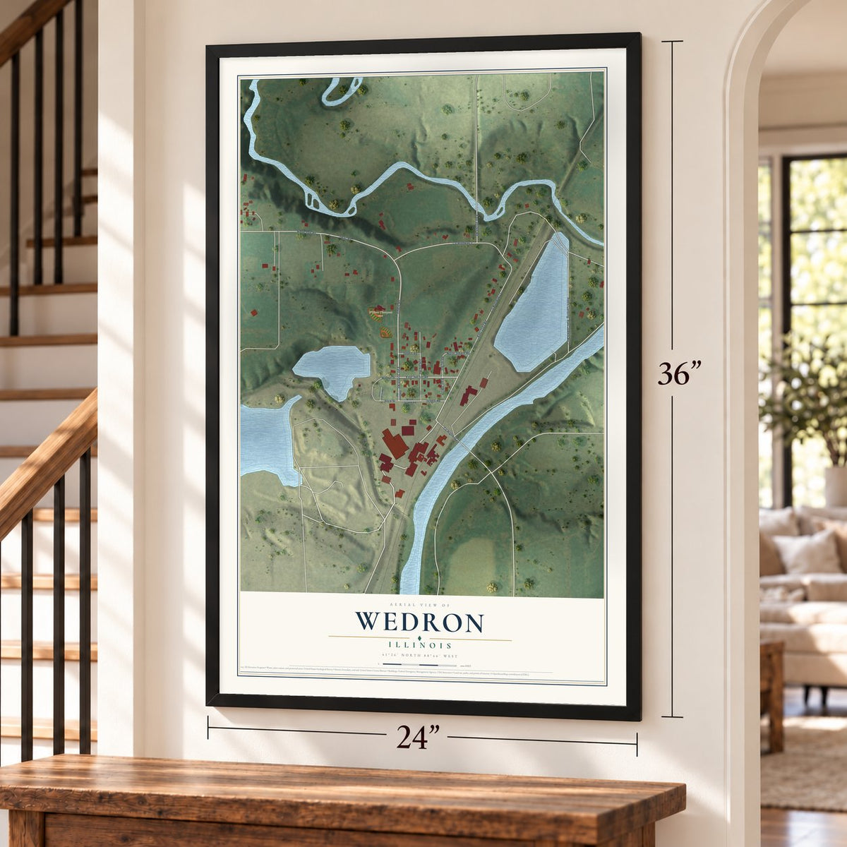 Wedron, Illinois map, 24 x 36 inch print in a black frame by a staircase