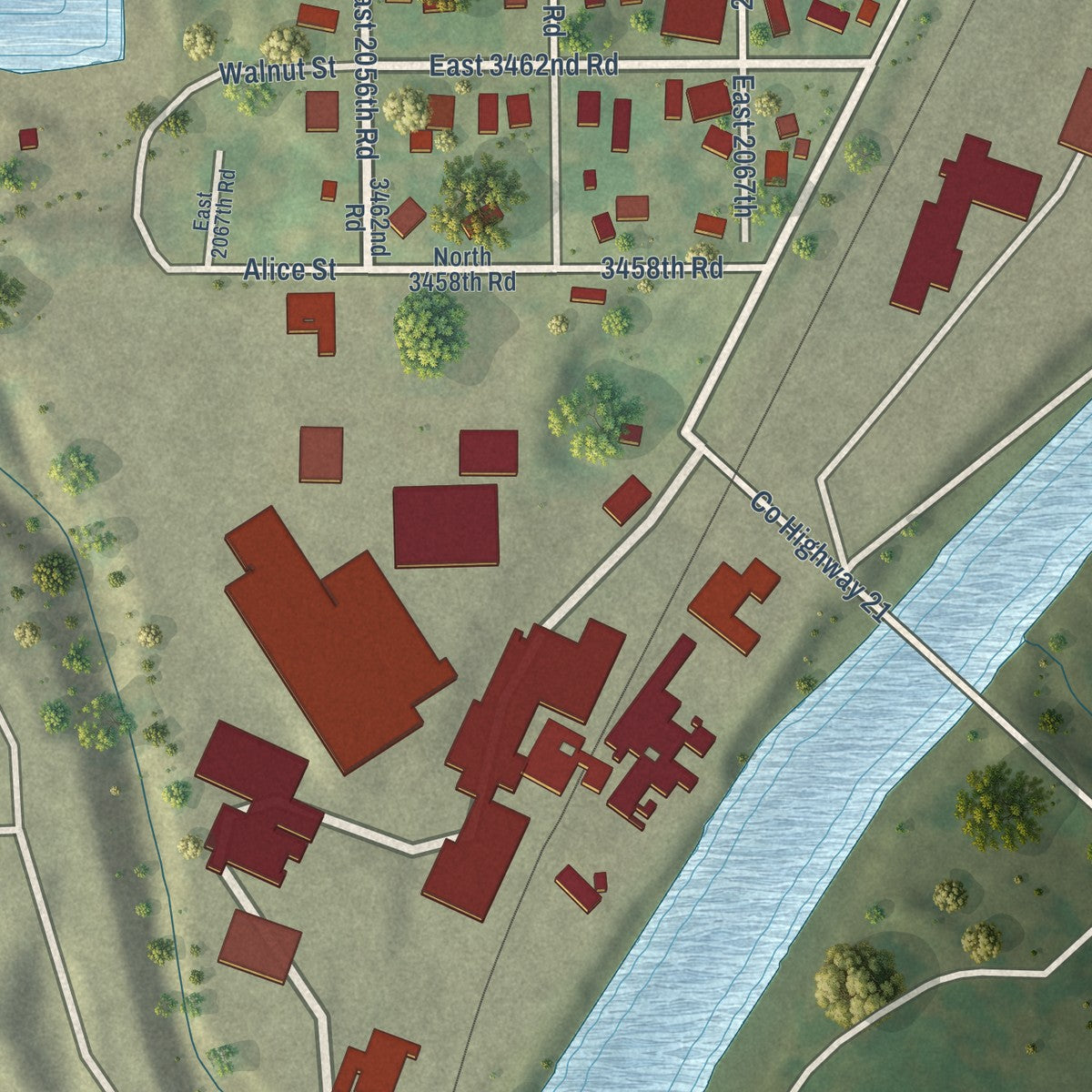 Close-up of the map of Wedron, Illinois print showing street and building detail