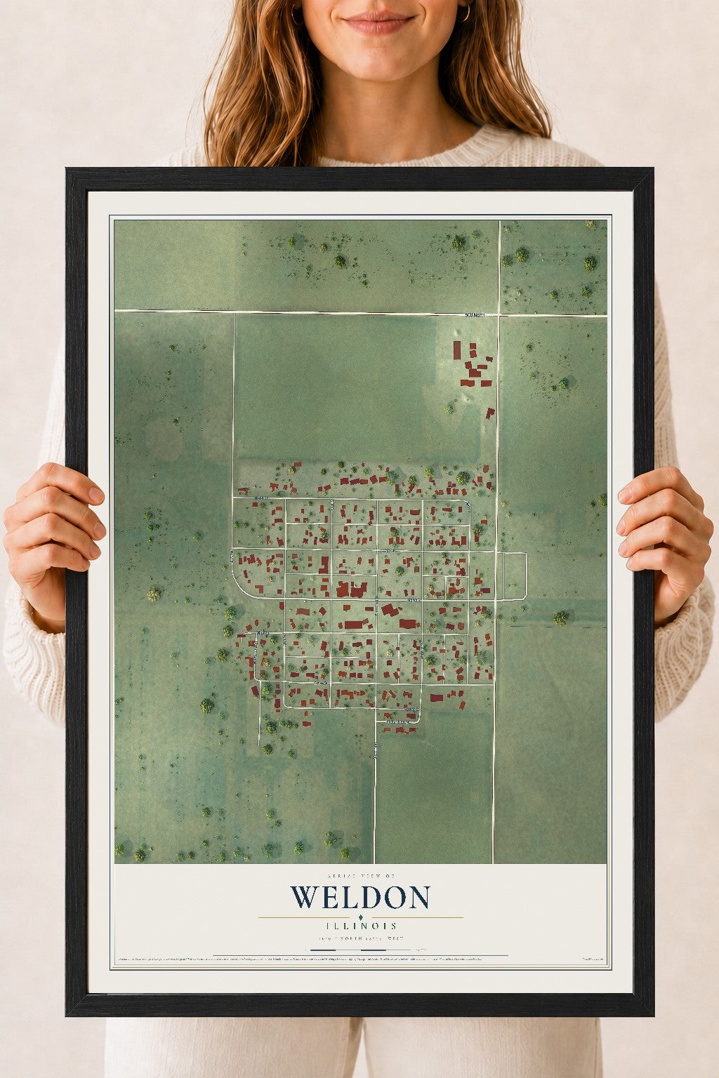 Map of Weldon, Illinois, 18 x 24 inch print in a black wood frame