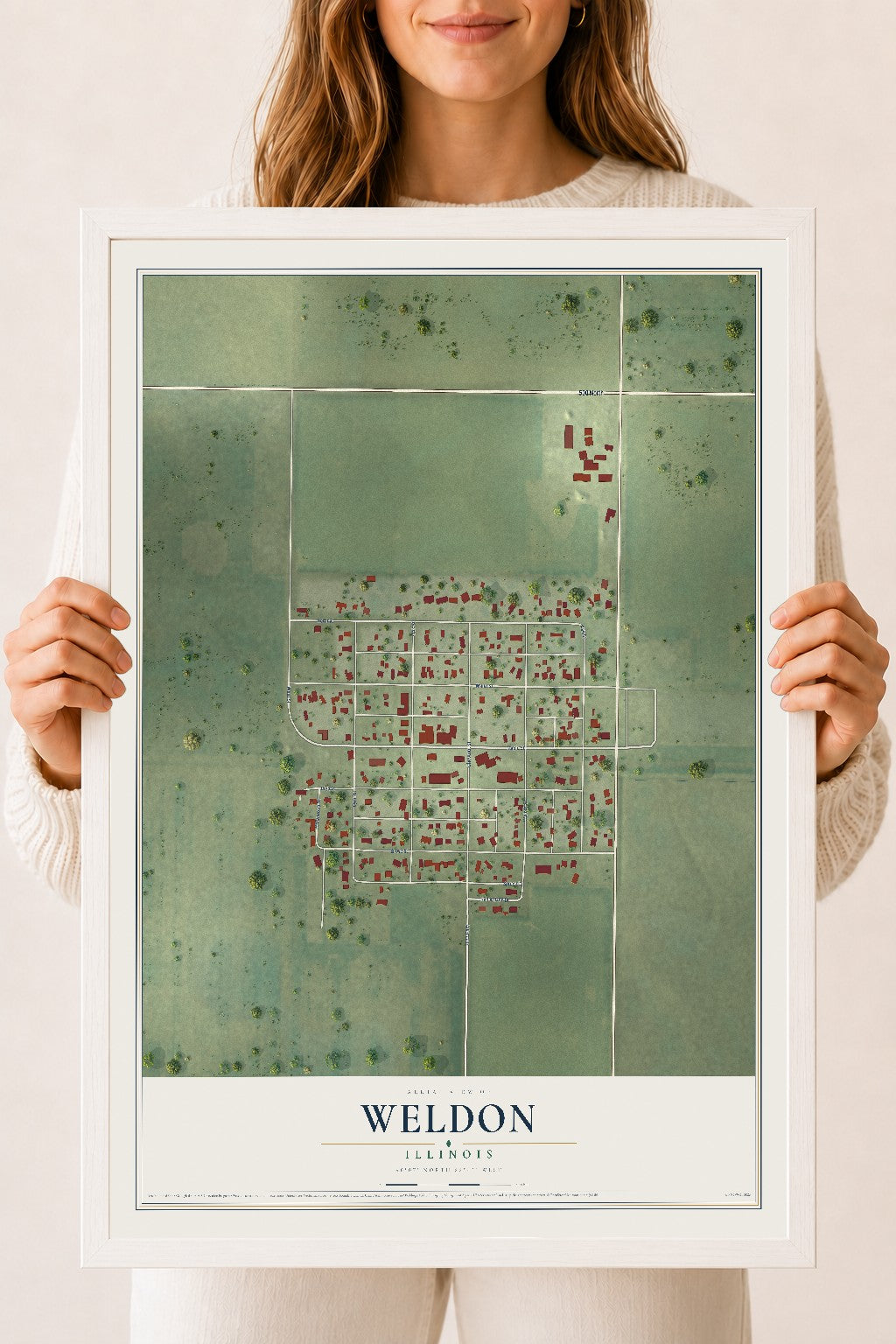 Map of Weldon, Illinois, 18 x 24 inch print in a white wood frame