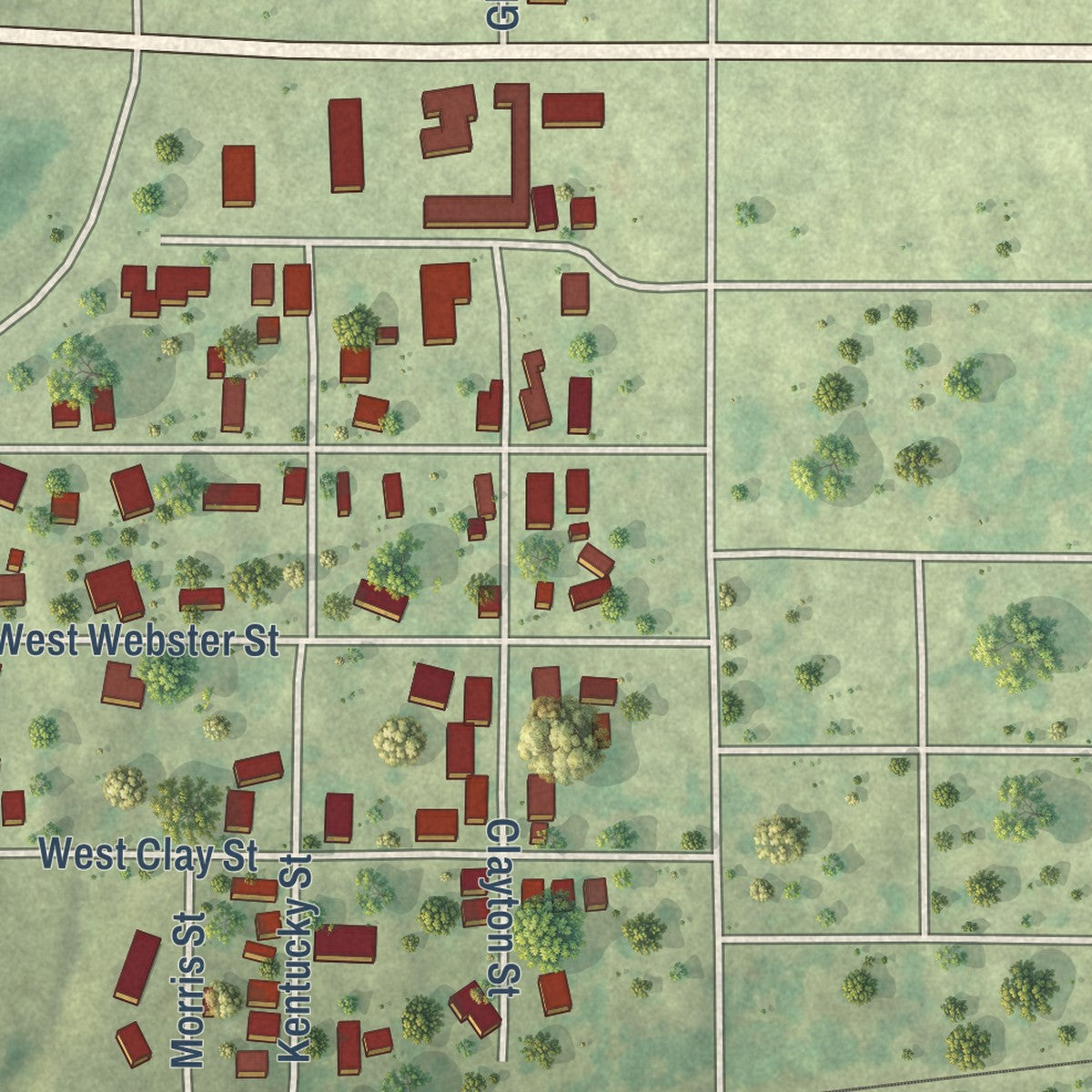 Second close-up of the map of West City, Illinois print showing more streets and buildings