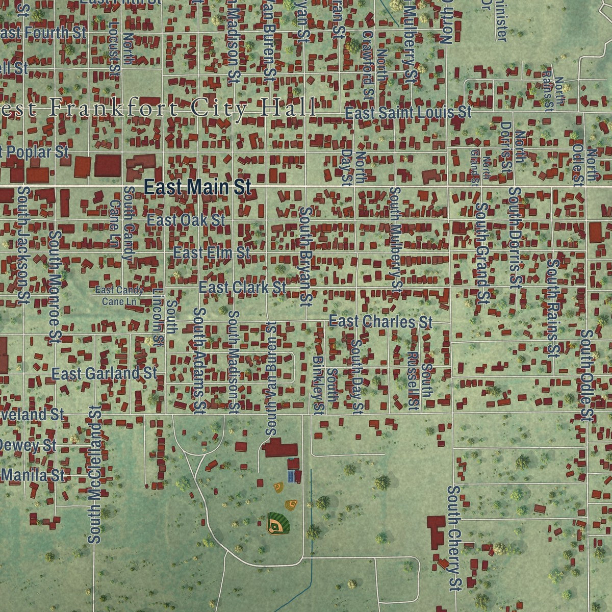 Close-up of the map of West Frankfort, Illinois print showing street and building detail