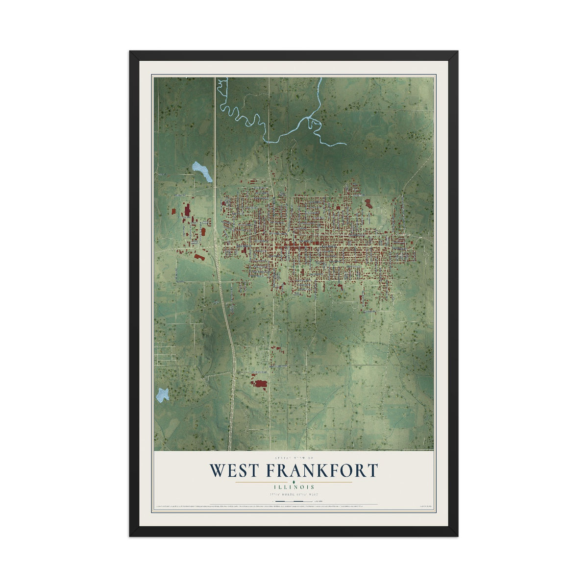 Map of West Frankfort, Illinois, 12 x 18 inch print in a black wood frame