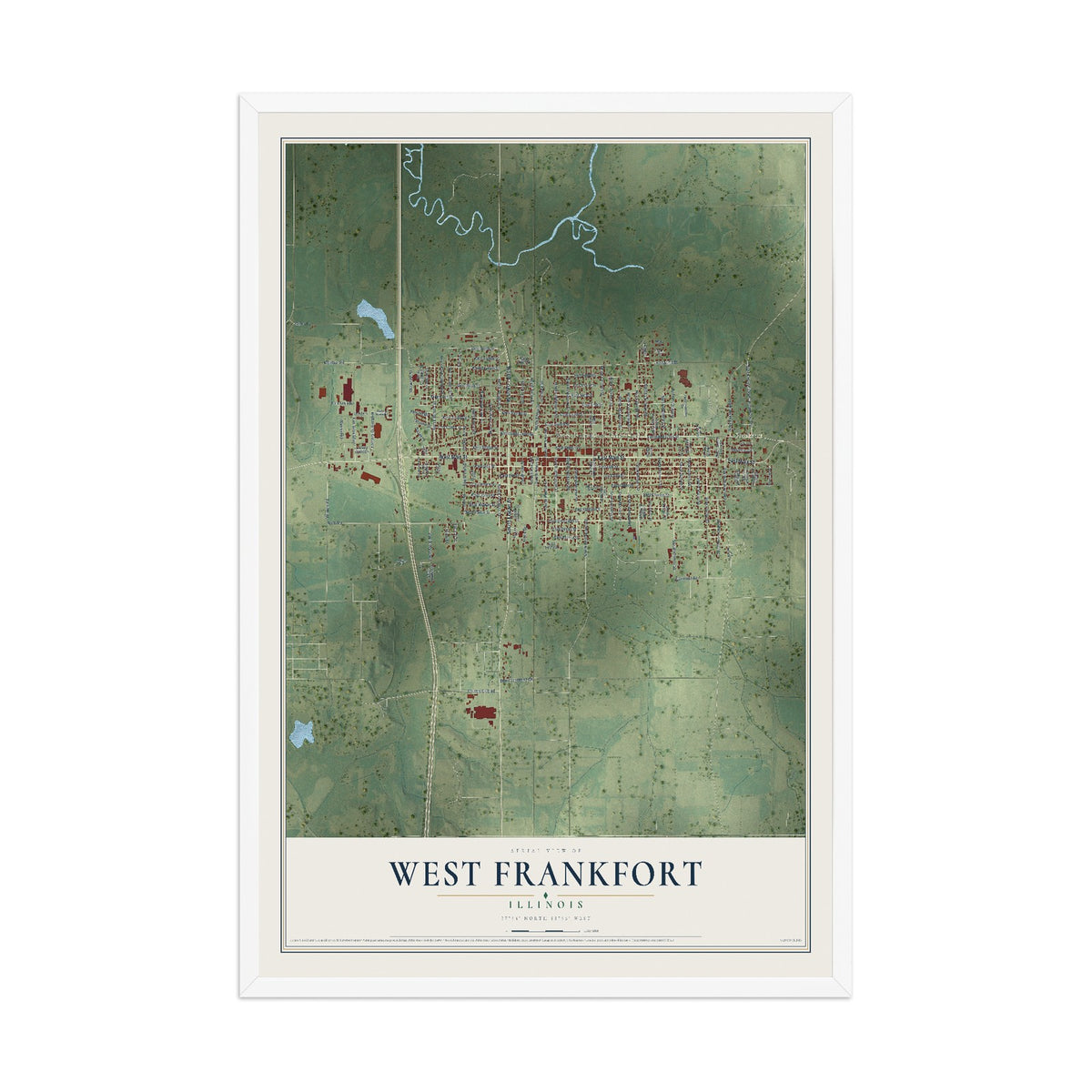 Map of West Frankfort, Illinois, 12 x 18 inch print in a white wood frame