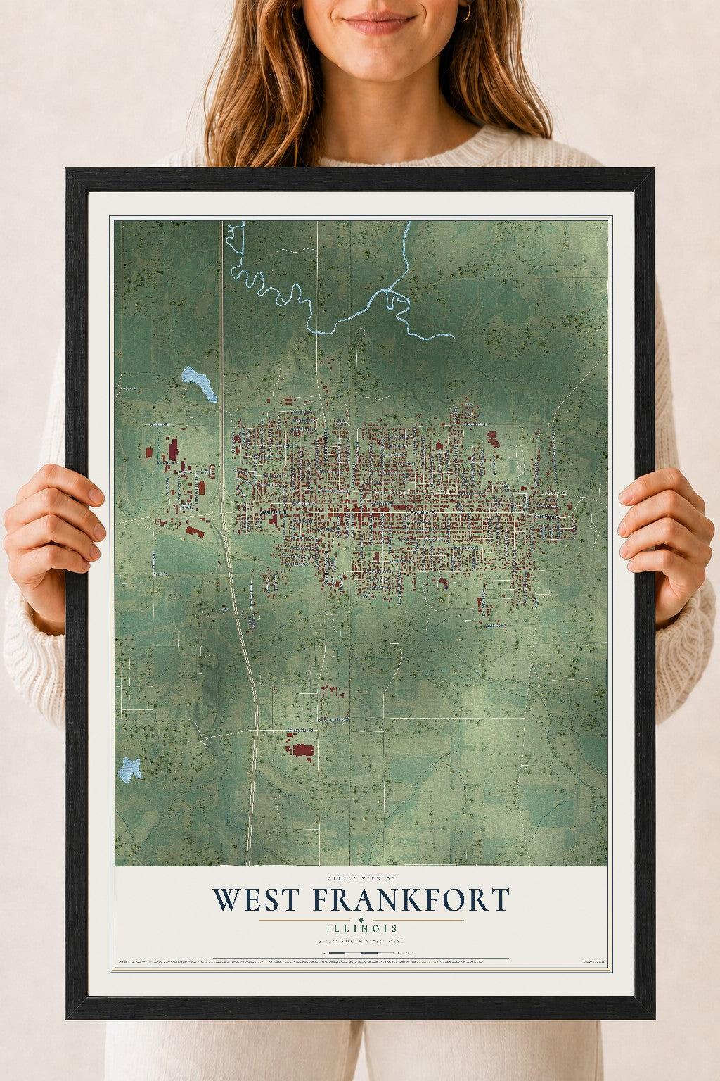 Map of West Frankfort, Illinois, 18 x 24 inch print in a black wood frame