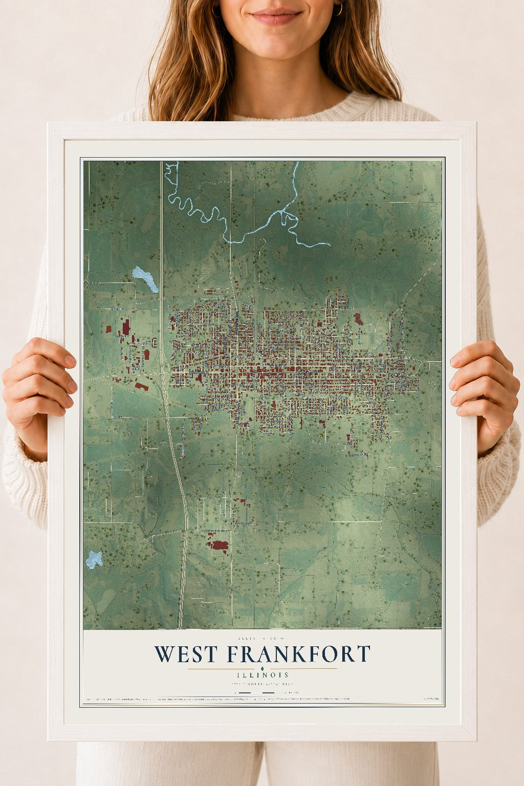 Map of West Frankfort, Illinois, 18 x 24 inch print in a white wood frame