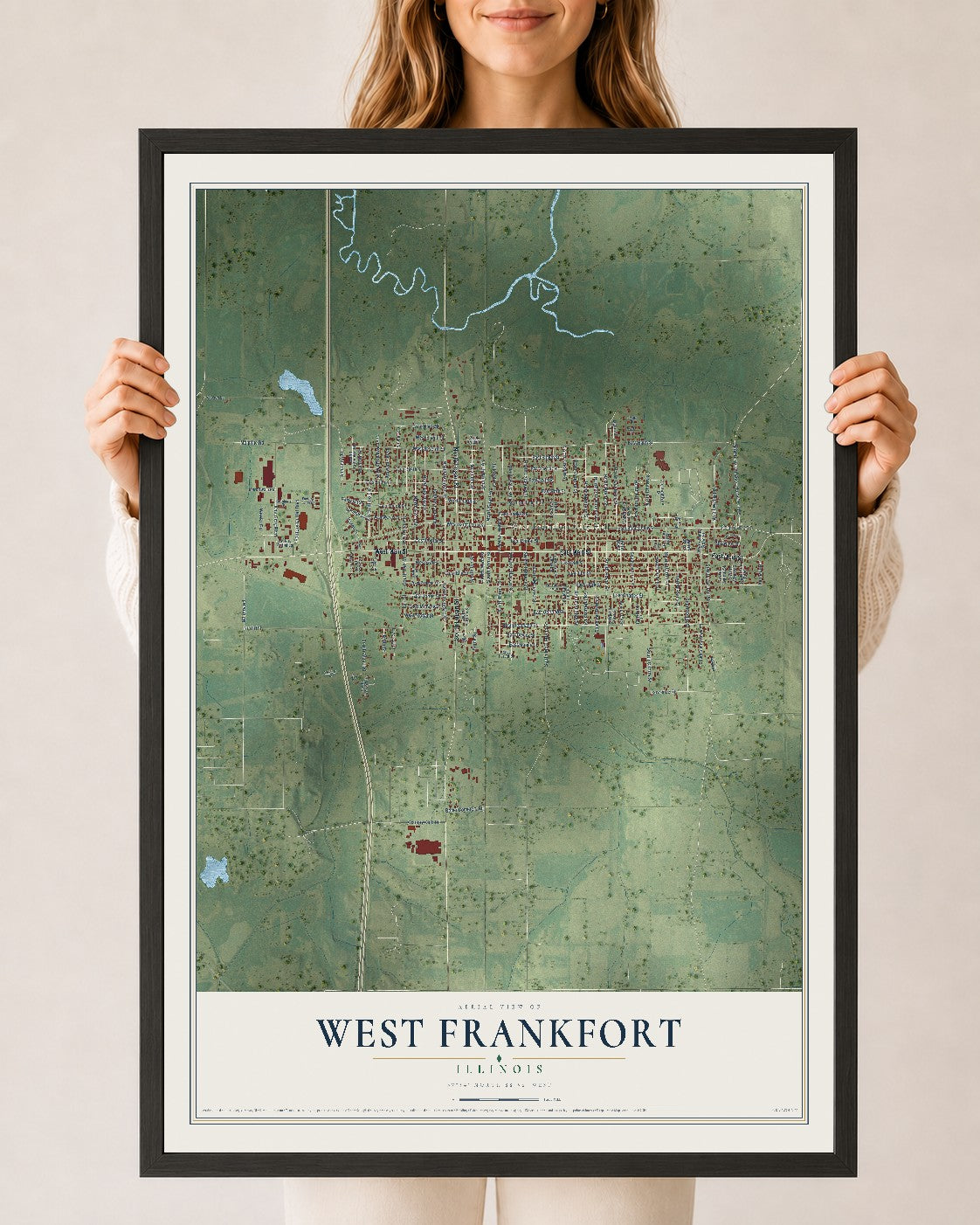 Map of West Frankfort, Illinois, 24 x 36 inch print in a black wood frame