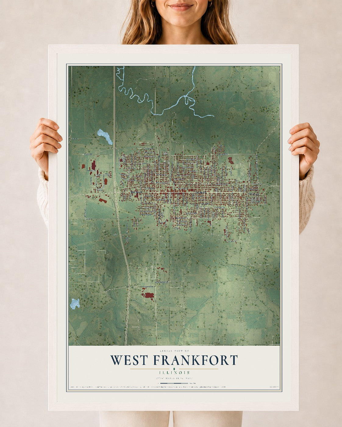Map of West Frankfort, Illinois, 24 x 36 inch print in a white wood frame