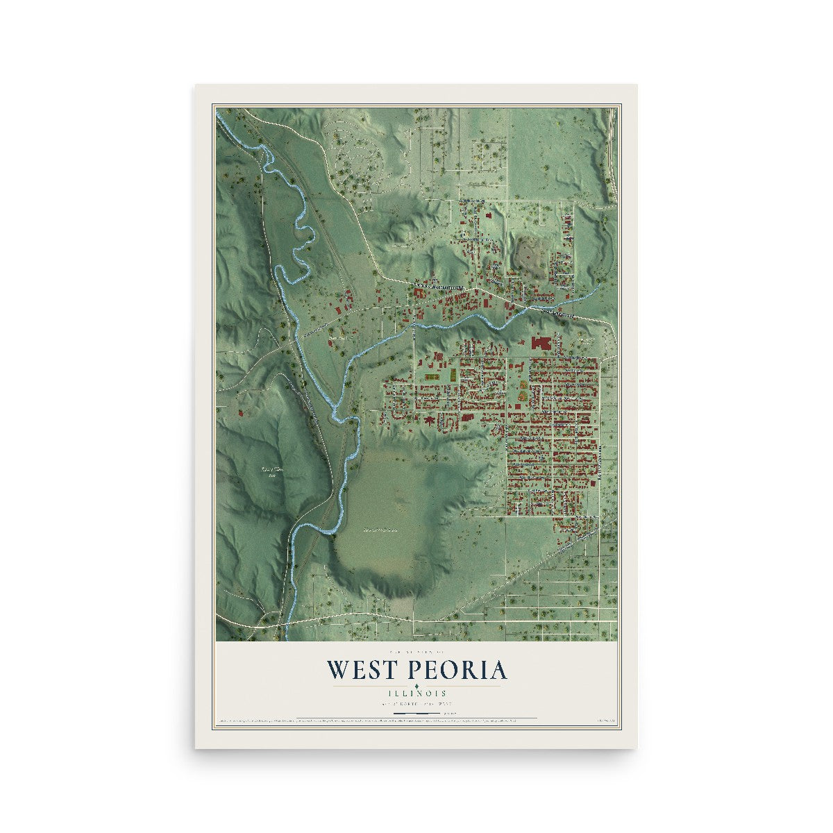 Map of West Peoria, Illinois, 12 x 18 inch unframed archival matte print