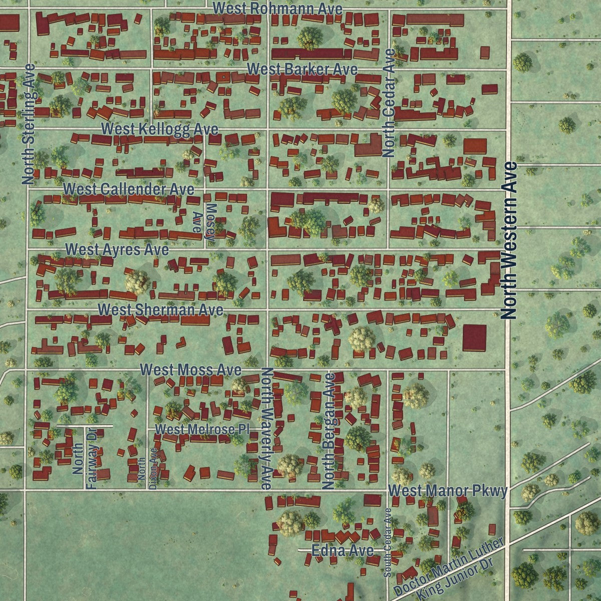 Close-up of the map of West Peoria, Illinois print showing street and building detail