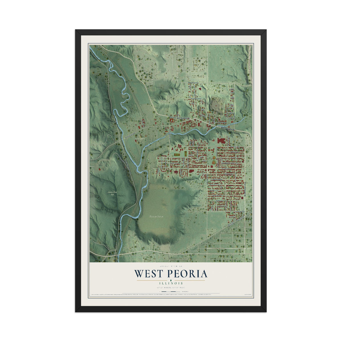 Map of West Peoria, Illinois, 12 x 18 inch print in a black wood frame