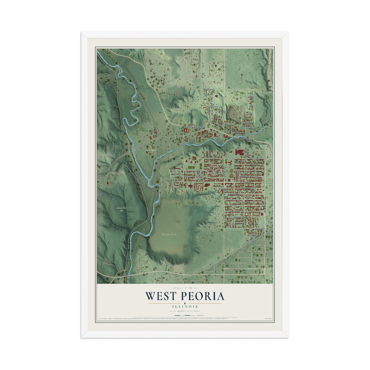 Map of West Peoria, Illinois, 12 x 18 inch print in a white wood frame